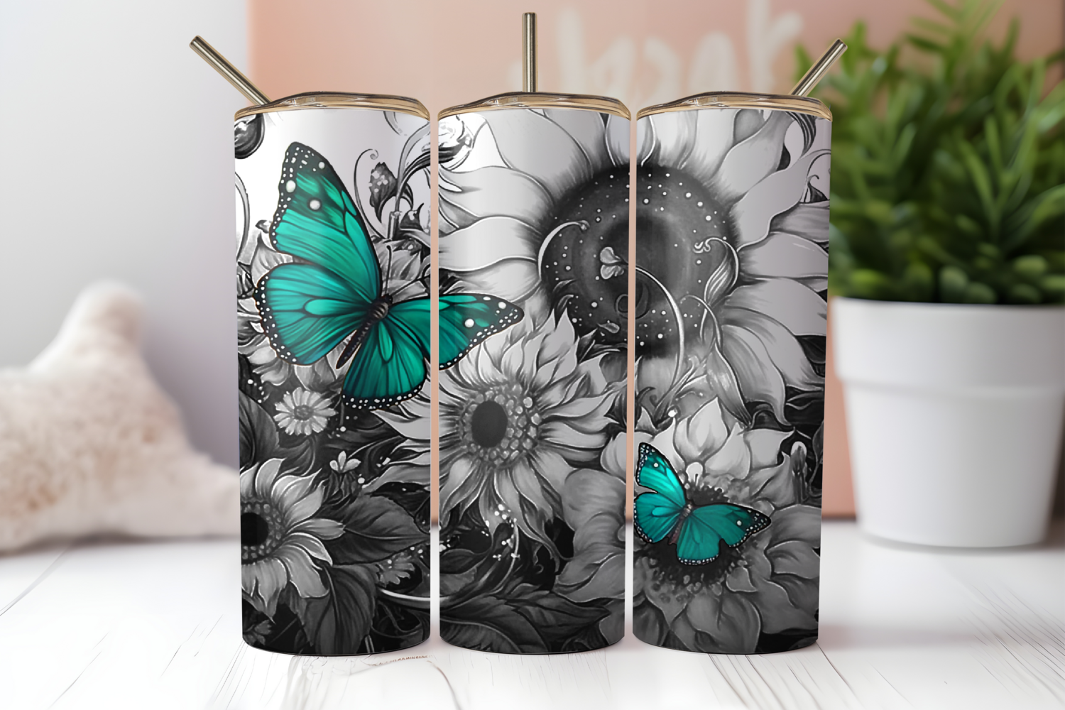 Green Butterflies and Flowers 20 or 30 oz Straight Sublimation Tumbler