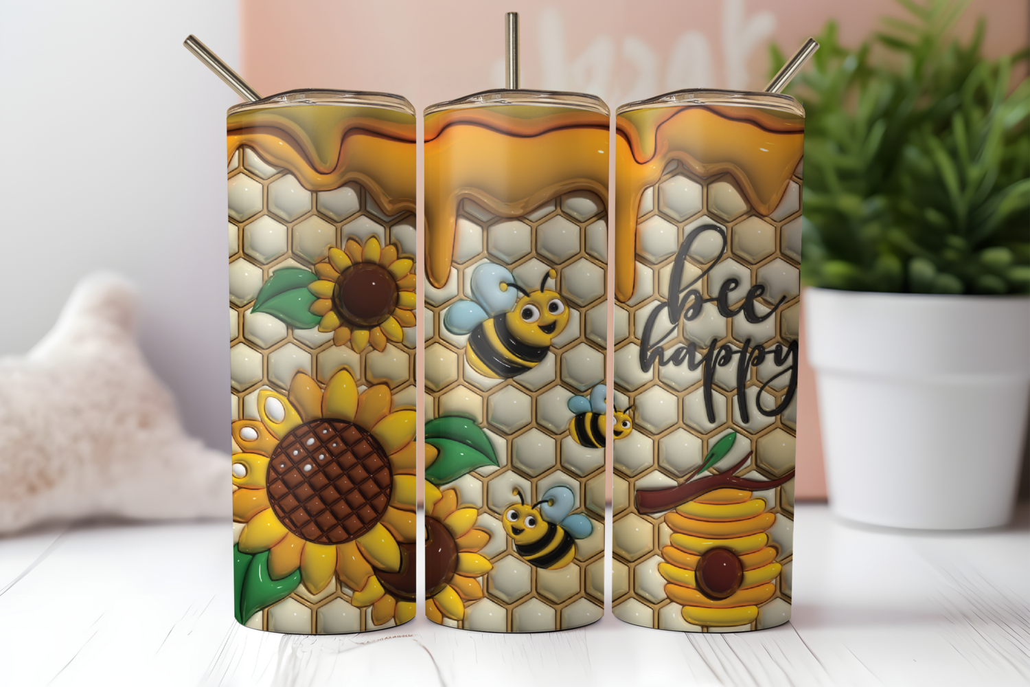 3d Bee Happy 20 or 30 oz Sublimation Tumbler