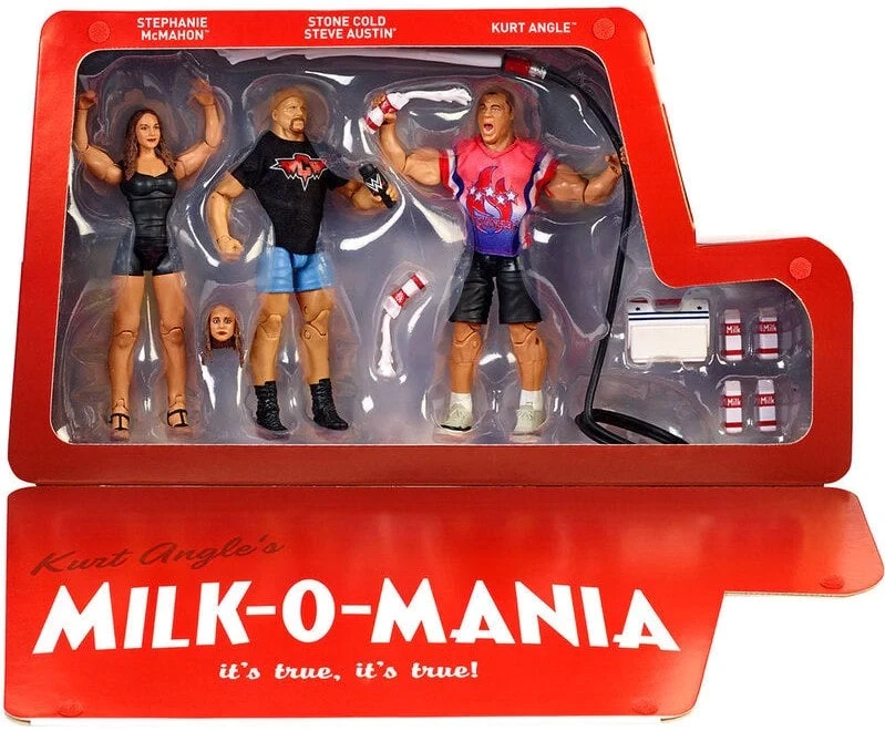 Figurine d'Action WWE 2018 Mattel Elite Collection Epic Moments Milk-o-Mania: Stephanie McMahon, Stone Cold Steve Austin et Kurt Angle