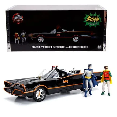 Batman 1966 TV Series Batmobile 1/18 Scale Die-Cast Metal Vehicle with Lights 3 Inch Batman and Robin Figures: