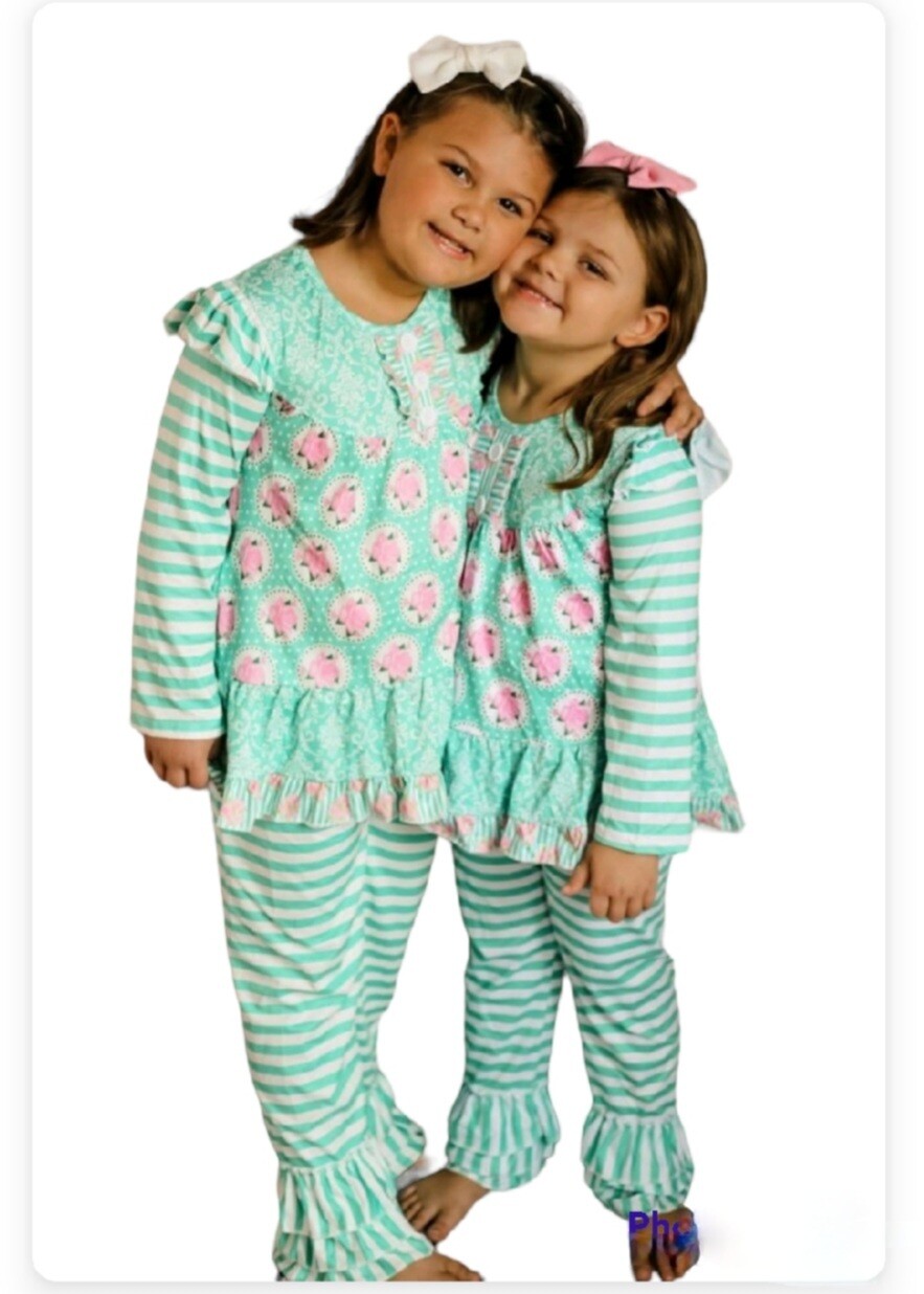 Teal &amp; Pink Floral Stripe Ruffle
Pant Set