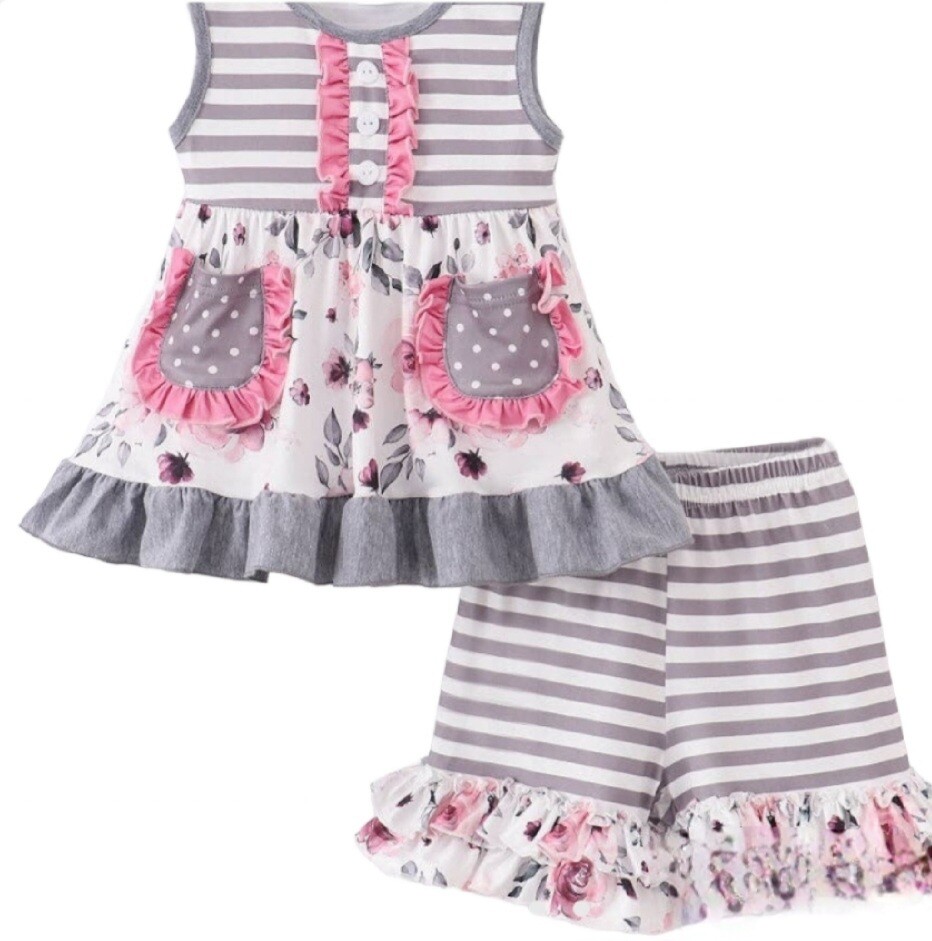 Pink Floral Ruffle and Gray Stripe 
2pc shorts outfit