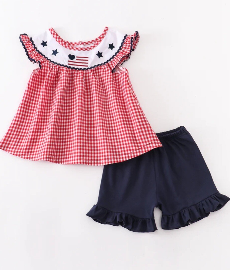 Patriotic Red Checkered Girls 
Shorts Set #2