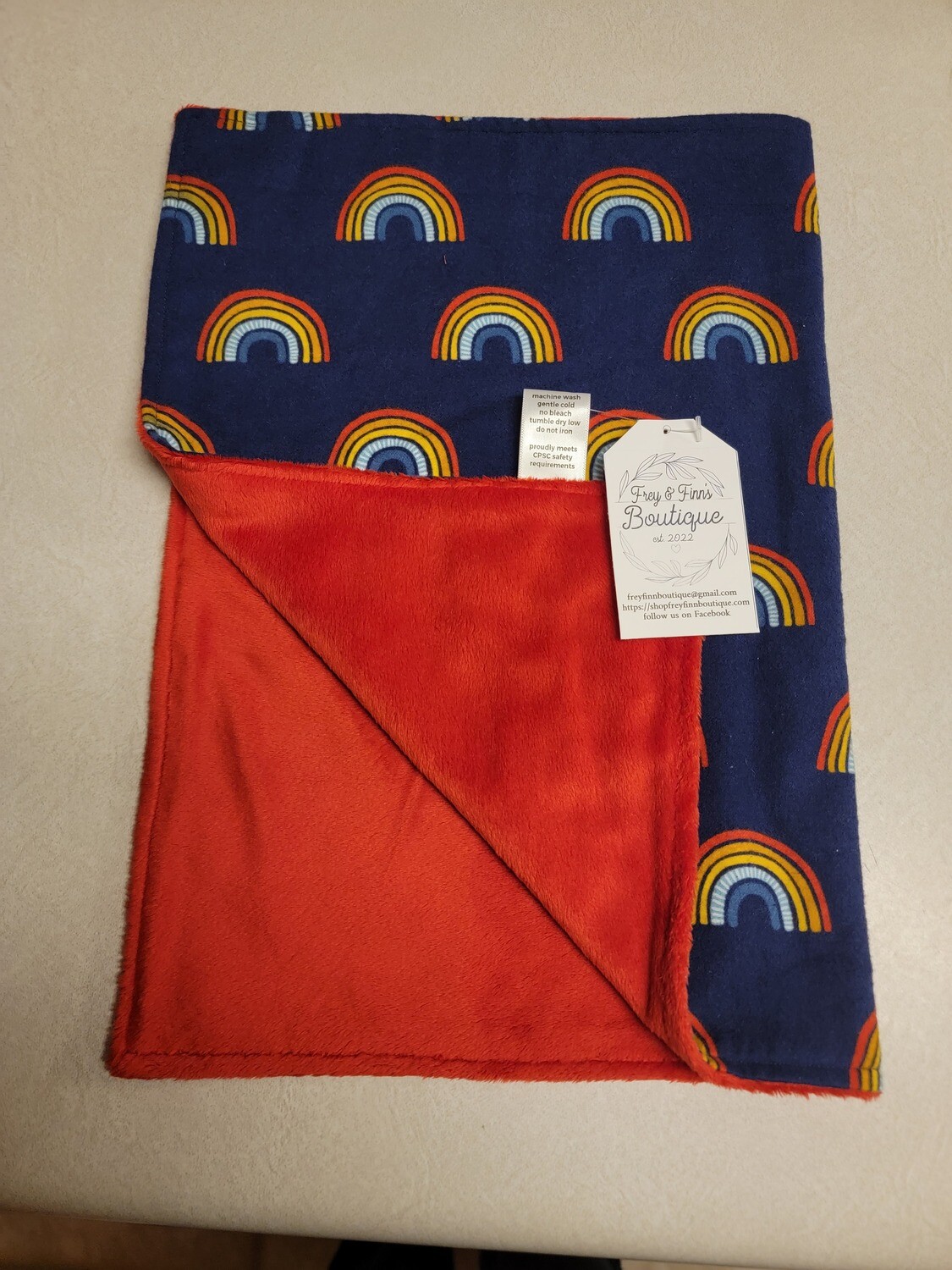 Minky Lovey
Navy Blue Rainbow 
with Red Minky backing