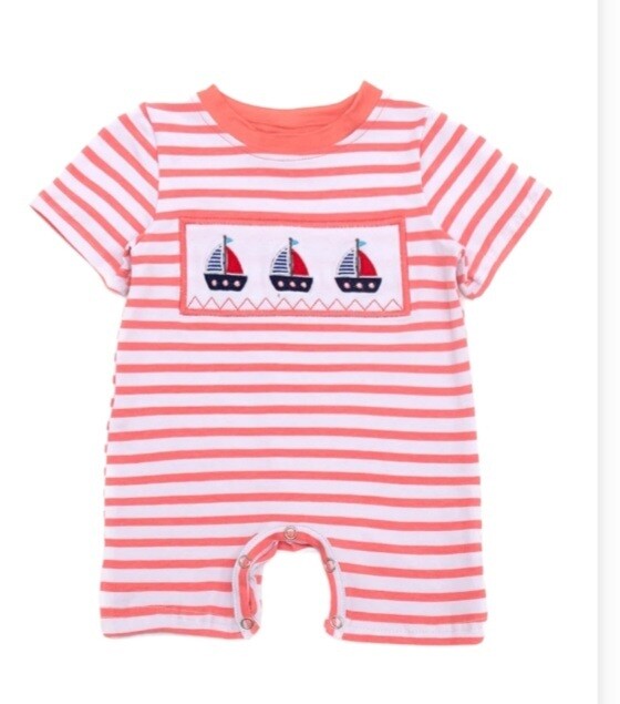 Coral Striped Sailboat Romper