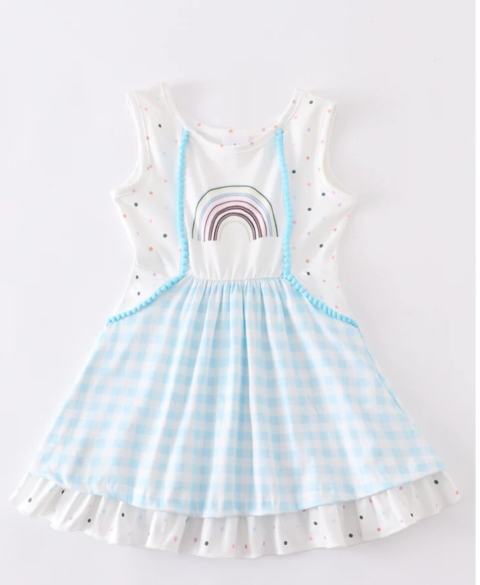 Blue Rainbow Plaid Ruffle Romper