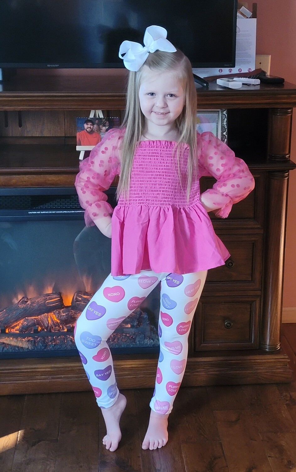 Hot Pink Smocked Top&amp;Sweetheart  Candy Leggings Set