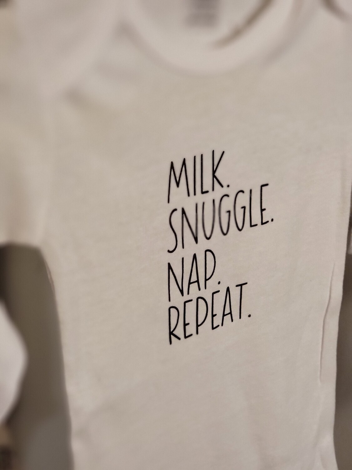 Milk.  Snuggle. Nap. Repeat.  / Long Sleeve/ White  /
12 months