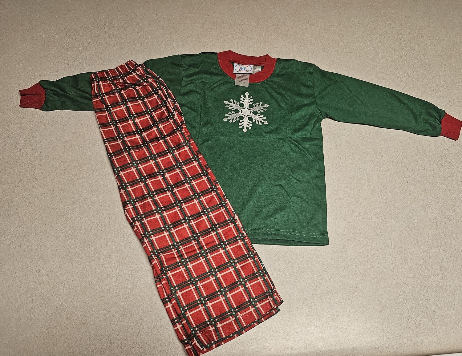 Unisex Long Sleeved Pajamas 
Green Snowflake/ Red Plaid