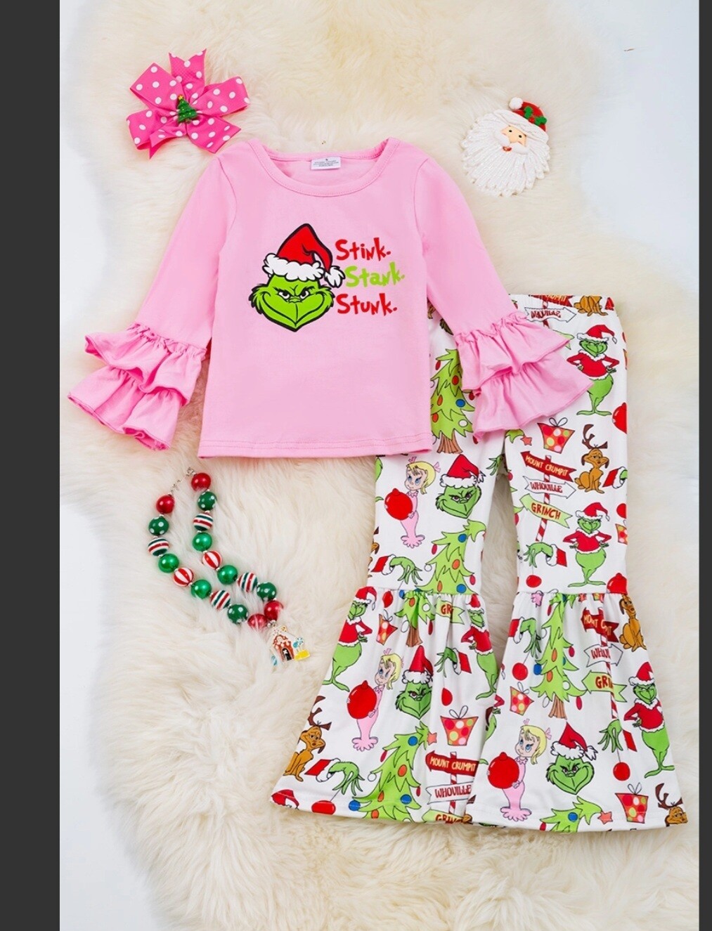 Grinch Bell Bottom Set/ &quot;Stink, Stank, Stunk&quot; / Pink
