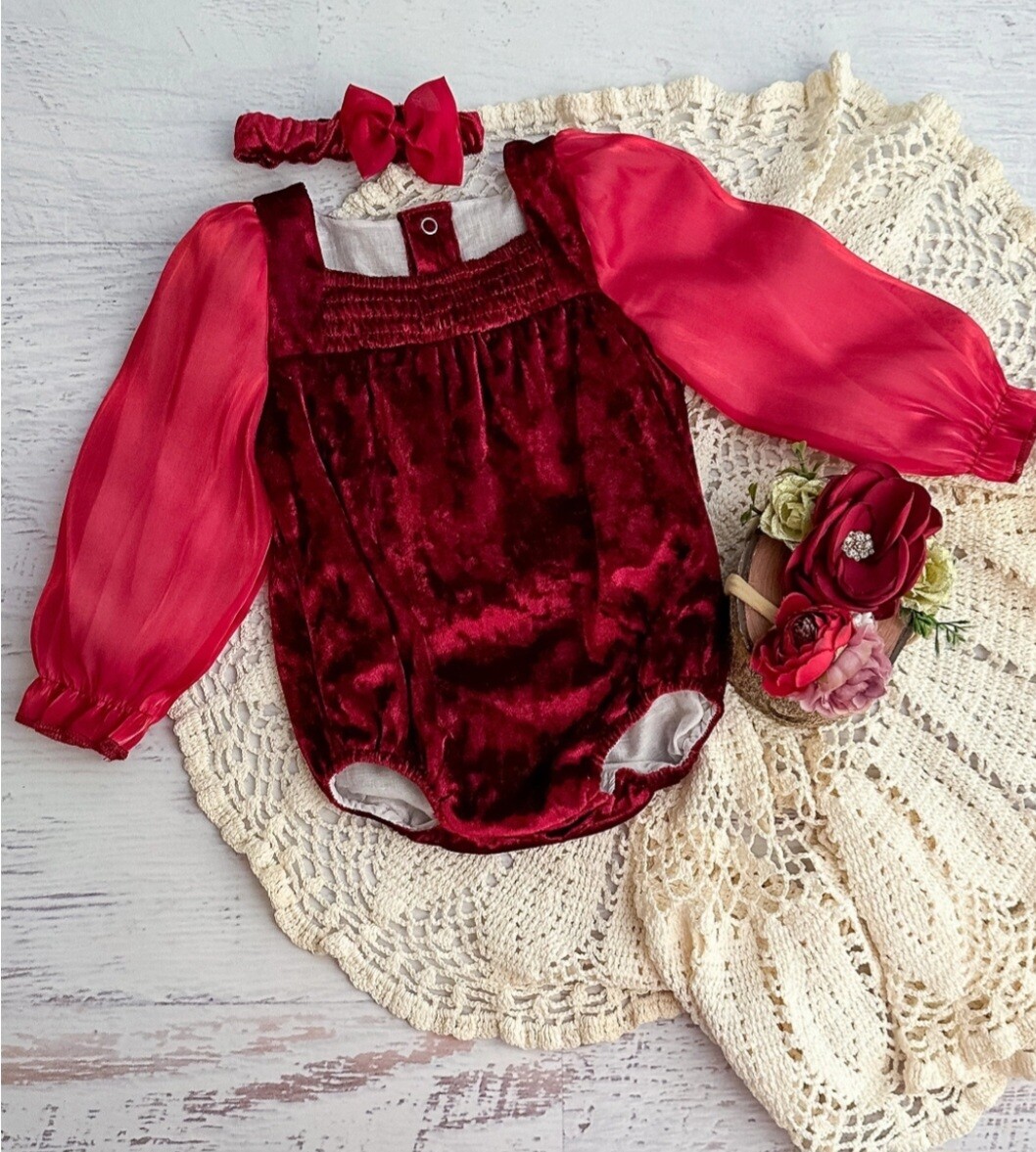 Red Holiday Velvet Onesie &amp;Headband
