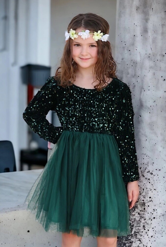 FOREST GREEN SEQUINS DRESS WITH TULLE SKIRT