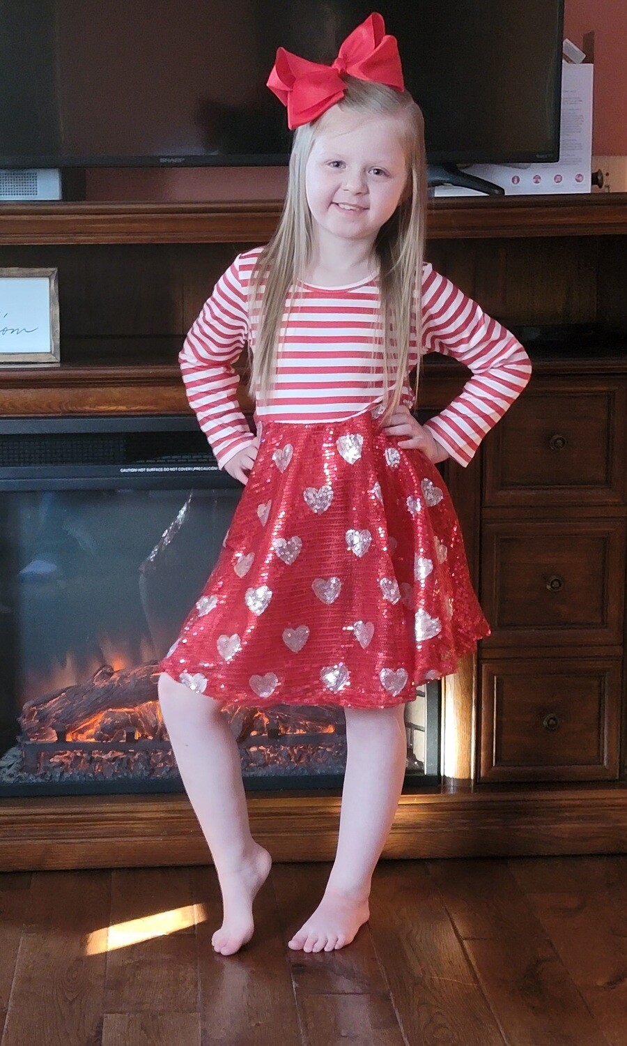 Red &amp; White Striped Heart Sequin Dress
