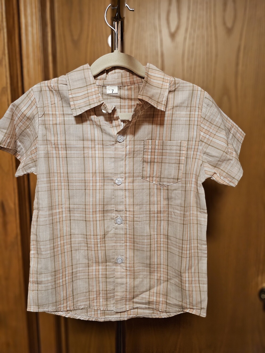 Beige and  Orange Plaid Button Up Shirt with Collar