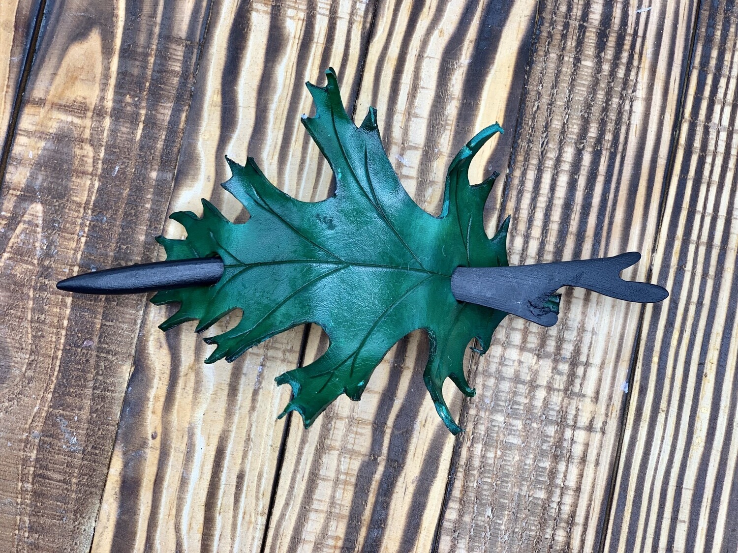 LEATHER OAK LEAF BARRETTE