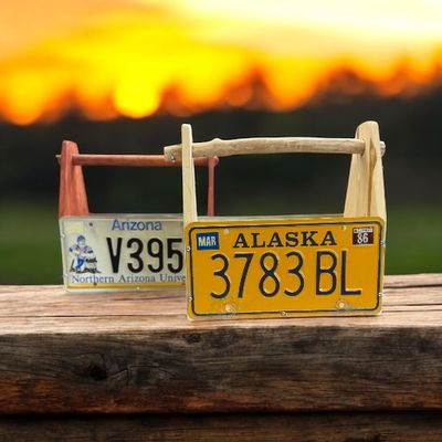 LOCAL HANDMADE WOOD LICENSE PLATE BASKET WITH MODULAR INSERT