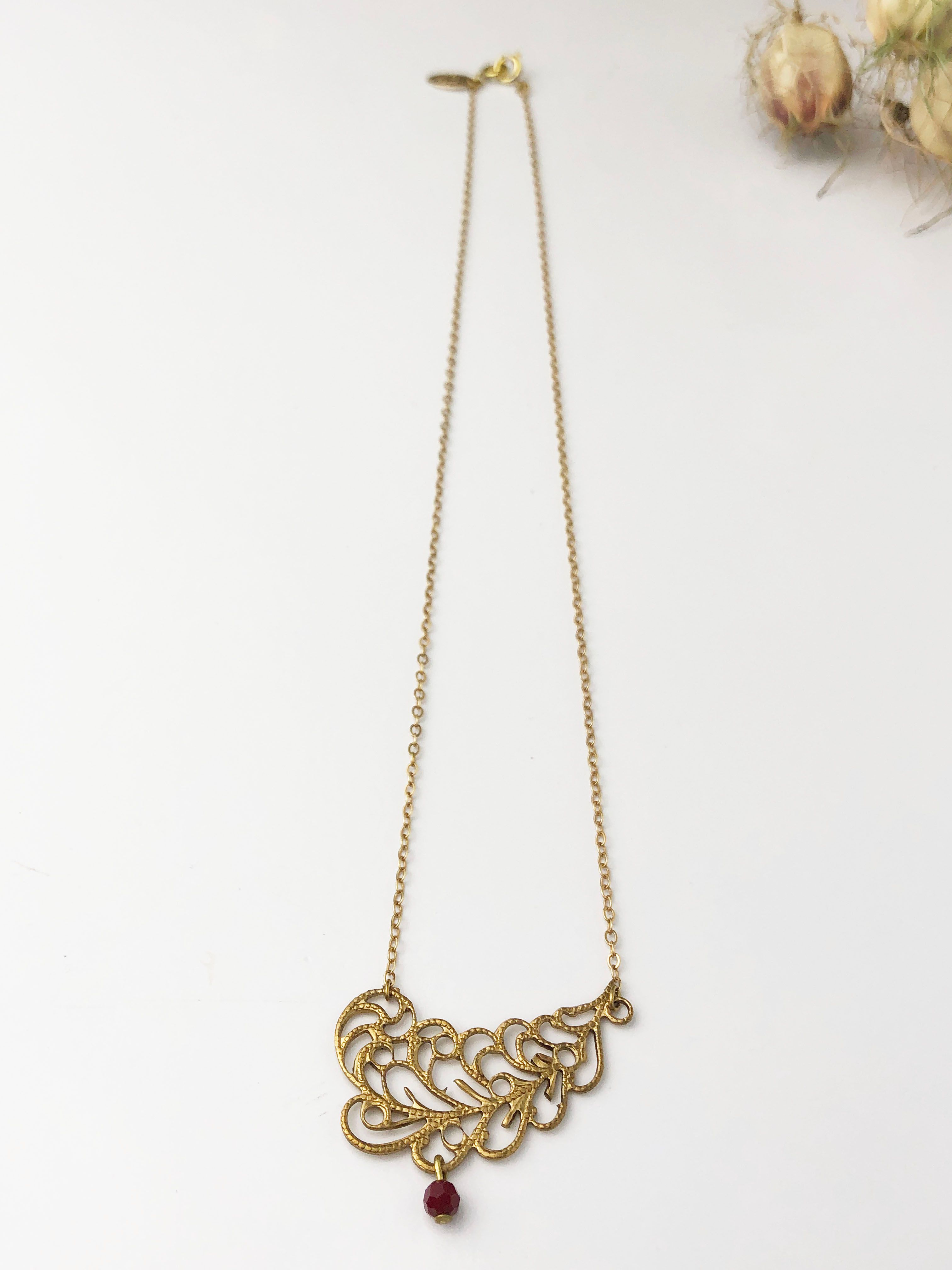 FEATHER – Gold Filigree Pendant & Red Pearl