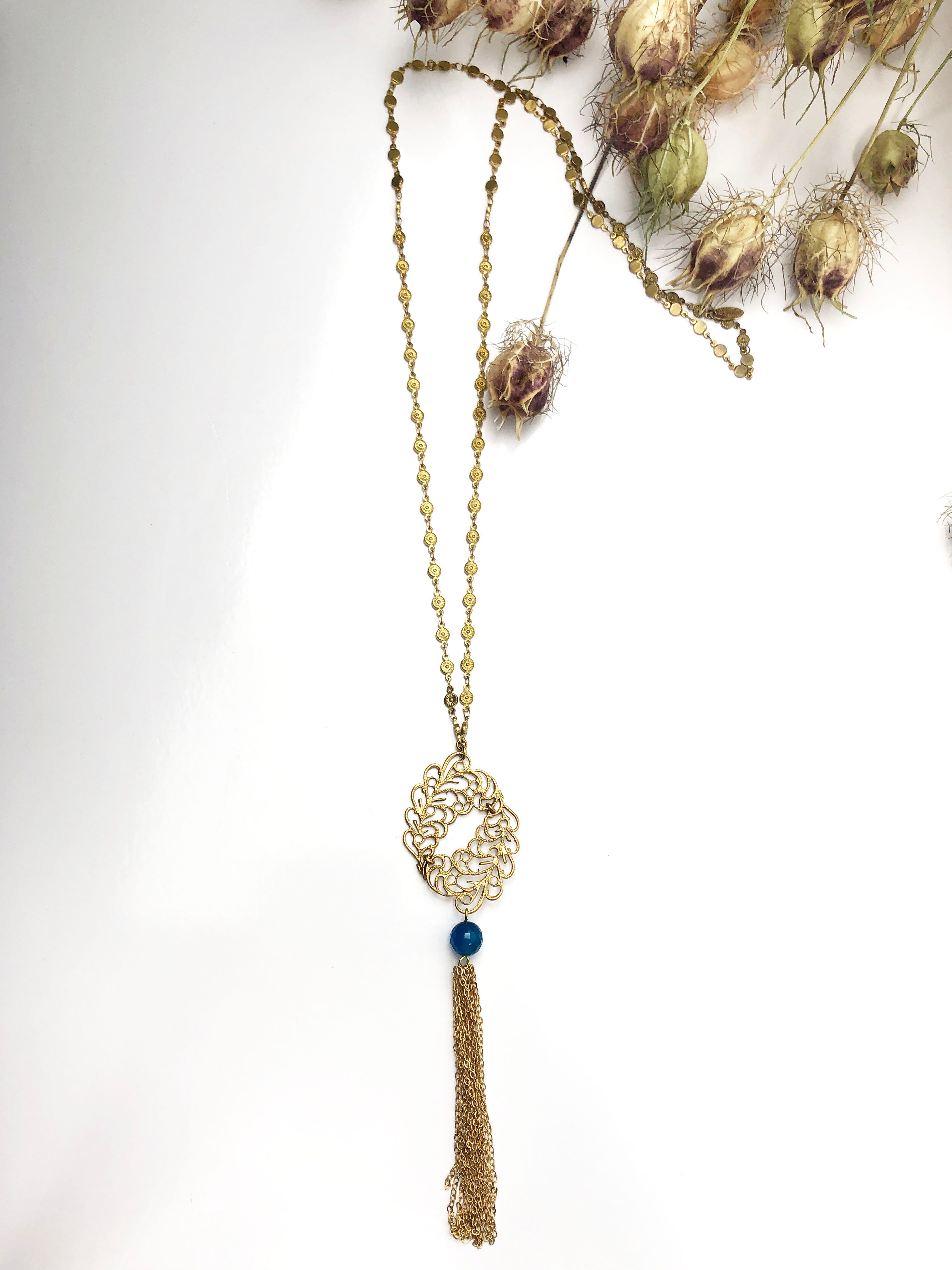 CELESTE Gold filigree pendant with blue stone & tassel