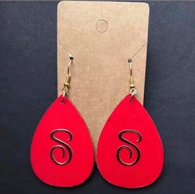 Wooden Teardrop Shaped Monogram Earrings