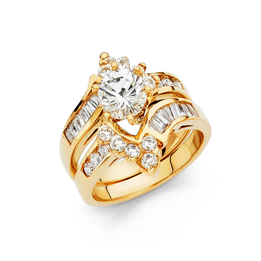 14k Yellow gold double cz engagement ring - Unique Wedding Rings
