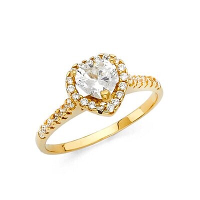 14K Yellow gold halo heart cz engagement ring