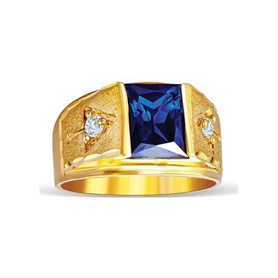 14k Yellow Gold Saphire Blue - white Square Cz Men Ring