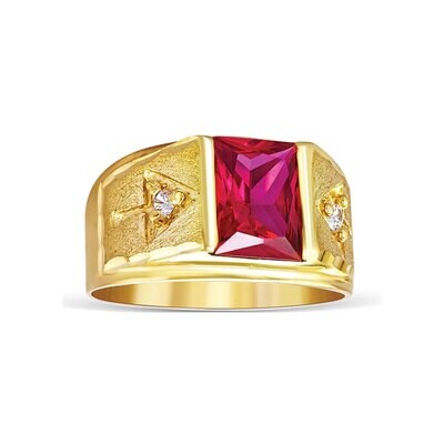14k Yellow Gold Red  Square CZ-2 White Cz Men Ring