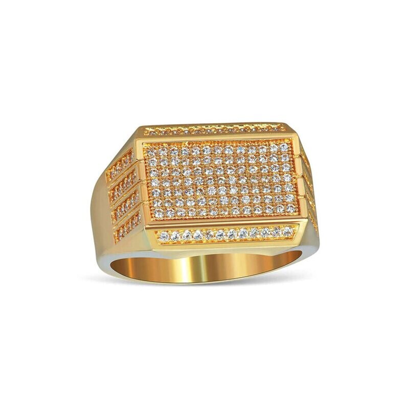 14K Yellow Gold Rectangle Pave White CZ Men Ring