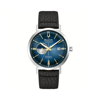 BULOVA casual NA leather black band watch automatic blue dial gold - 96B374#