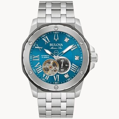 BULOVA Elegant high polish finish stainless steel silver band watch automatic blue dial hours indicator in roman numeral WA00138- 98D184#