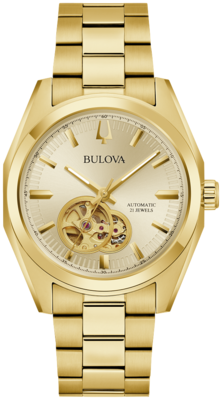 BULOVA elegant high polish finish stainless steel yellow band watch automatic cream dial gold-tone 97A182#