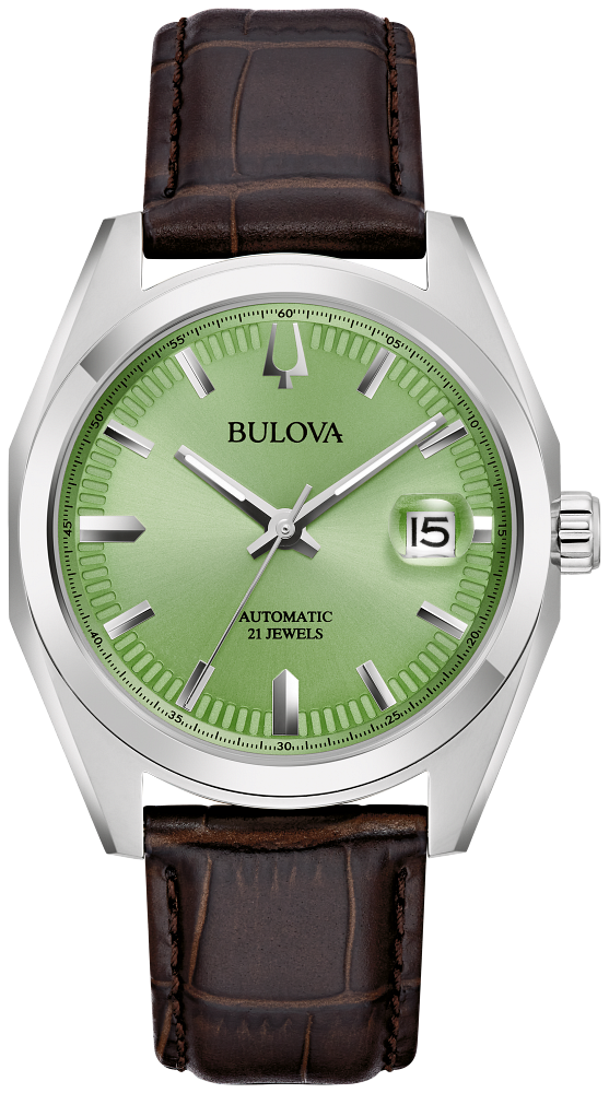 BULOVA elegant high polish finish leather black band watch automatic green dial silver 96B427#