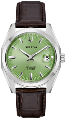 BULOVA elegant high polish finish leather black band watch automatic green dial silver 96B427#