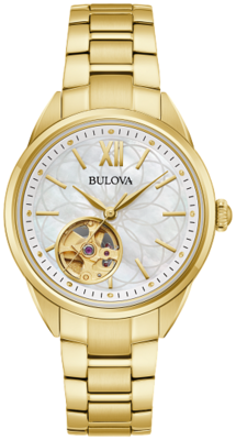 BULOVA elegant high polish finish stainless steel yellow band watch automatic white dial gold-tone 97L172#
