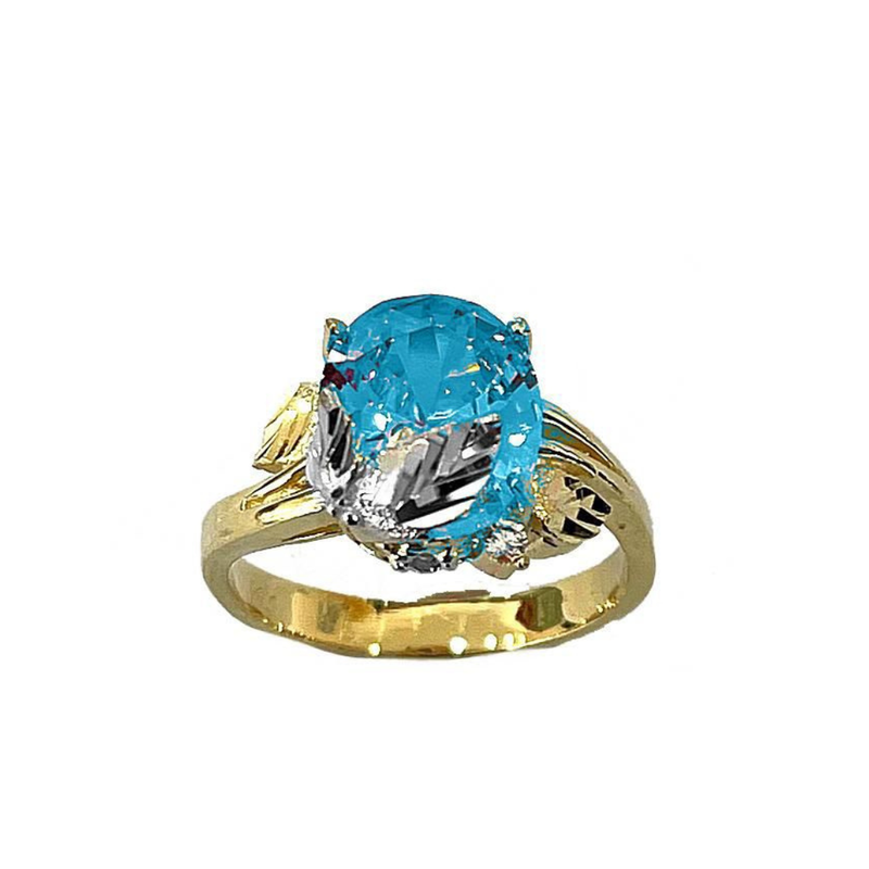 14k Yellow Gold Blue Topaz CZ Ring with Rose and Leaf Details