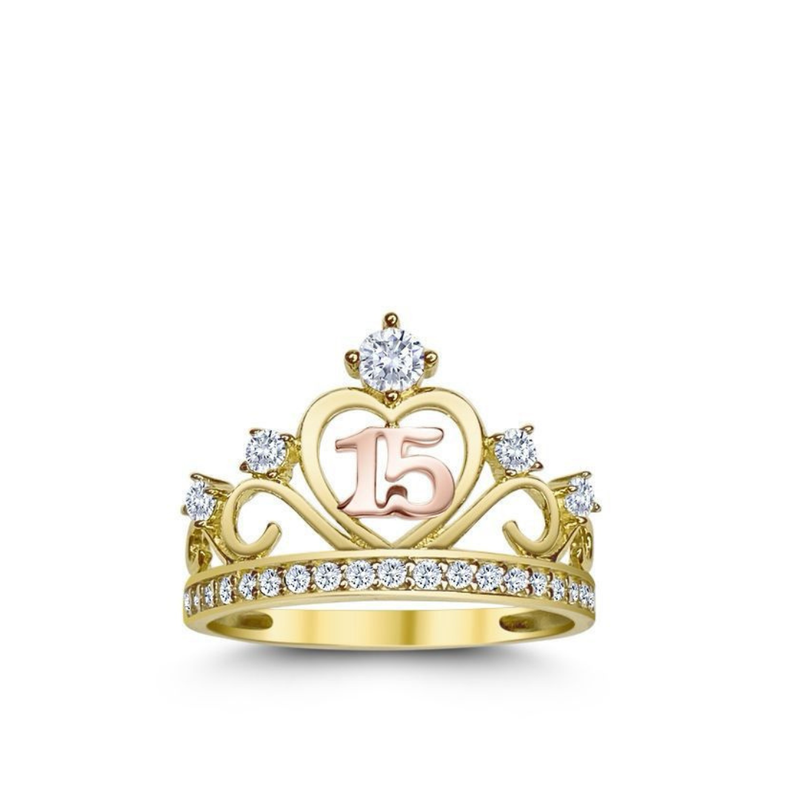 14k Yellow Gold Sweet 15 Crown Ring with cz