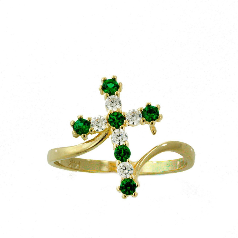 14k Yellow Gold Cross Ring with Green and White CZ Stones