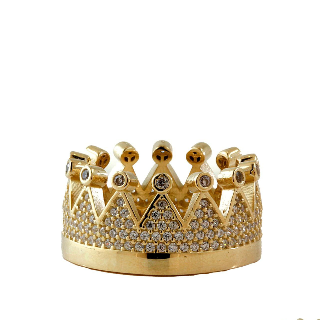 14k Yellow Gold Women's Crown Ring with White CZ Stones