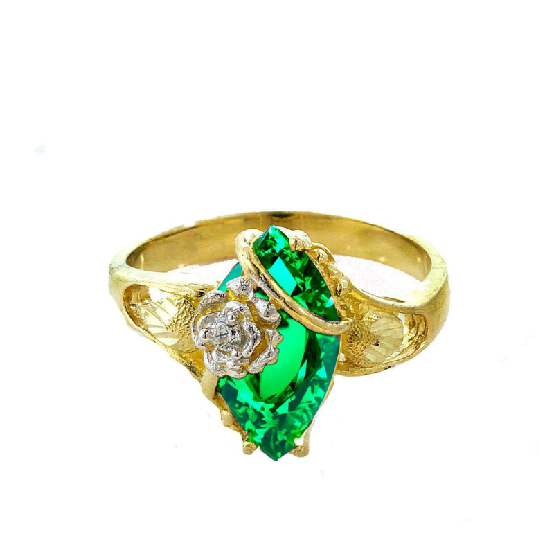 14k Yellow Gold Marquise Cut Green CZ Ring