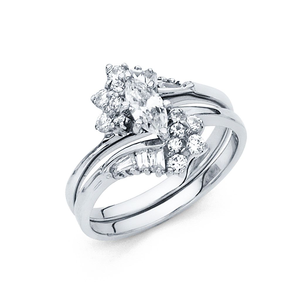 14K White Gold Marquise CZ Bridal Set with Baguette & Round Accents