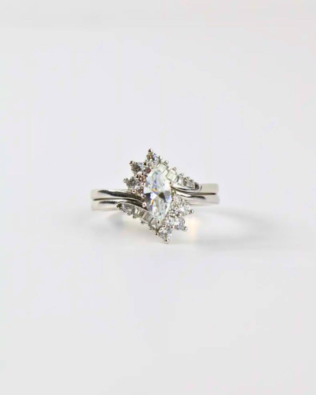 14K White Gold Marquise CZ Bridal Set with Baguette & Round Accents
