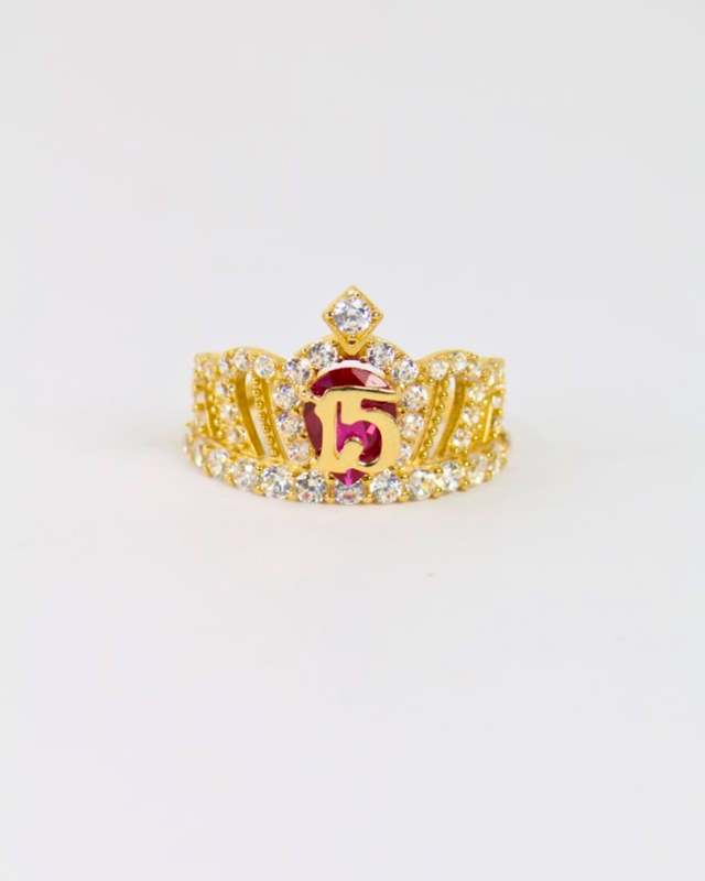 14K Yellow Gold Sweet 15 Crown Ring with CZ Red