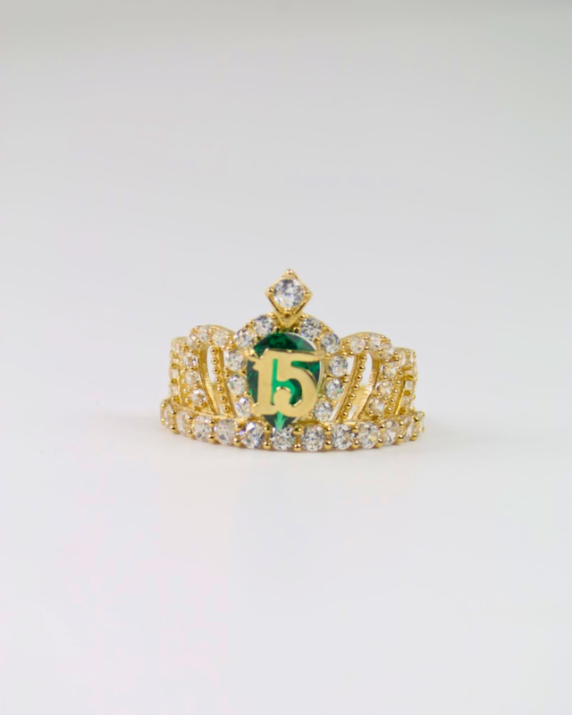 14K Sweet 15 Crown Ring with Green & White CZ