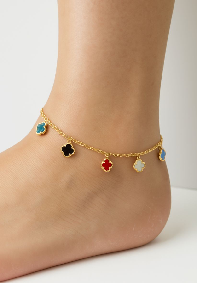 14K Yellow Gold Natural Stone Charms Anklet
