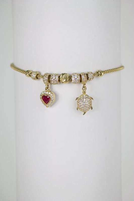14K Gold Women’s Charm Bracelet with Pavé Accents – 7.5