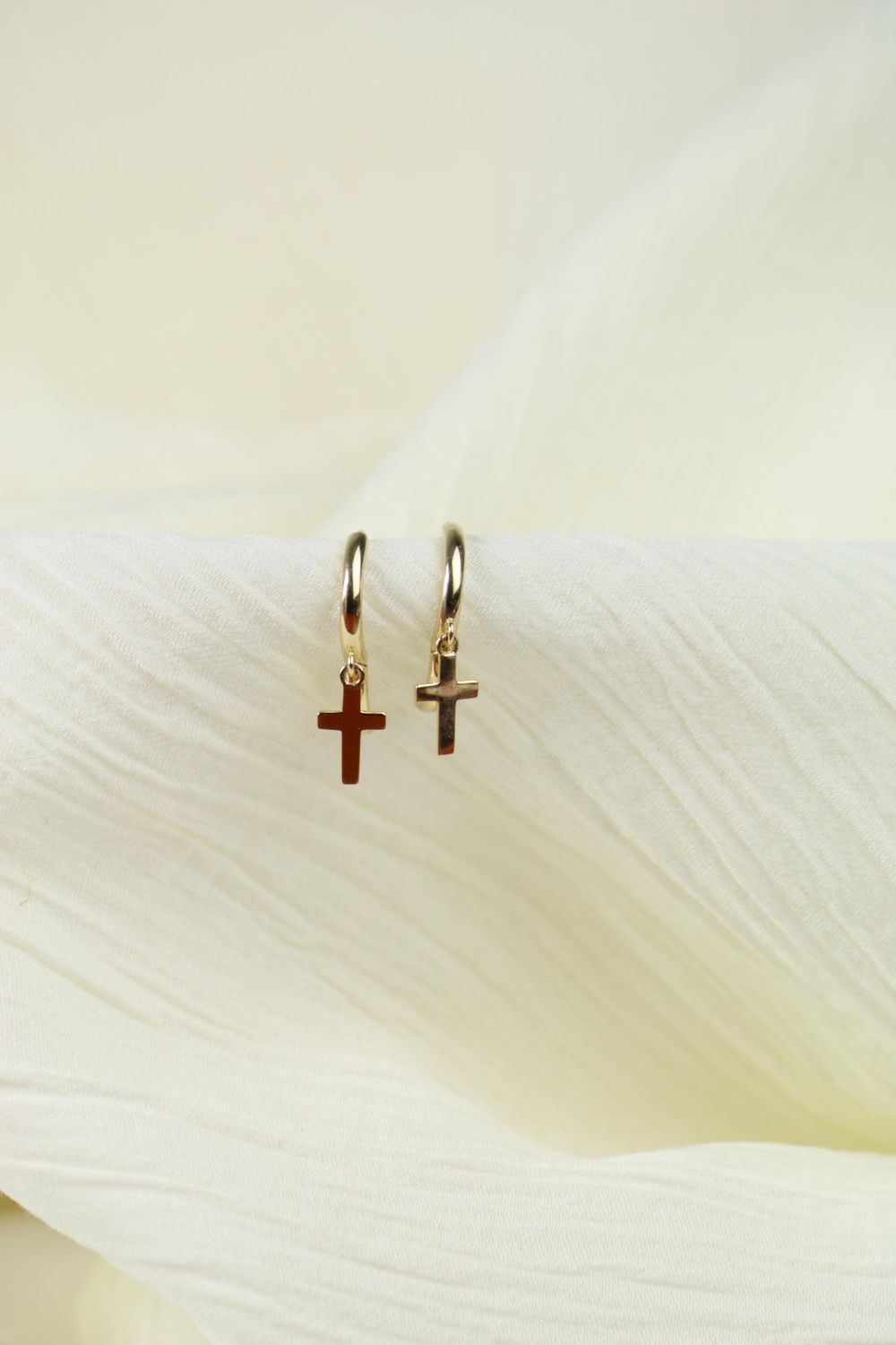 14K Gold Hoop Earrings with Cross Charms