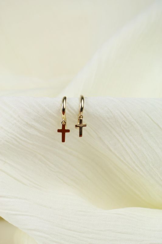 14K Gold Hoop Earrings with Cross Charms