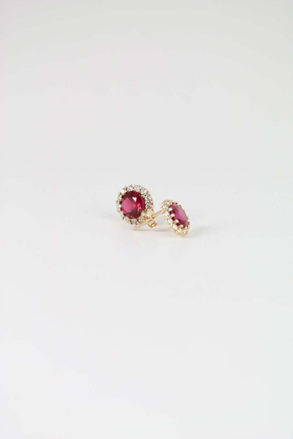 14K Gold Halo Stud Earrings with Red and White Cubic Zirconia