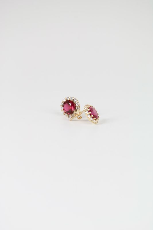 14K Gold Halo Stud Earrings with Red and White Cubic Zirconia
