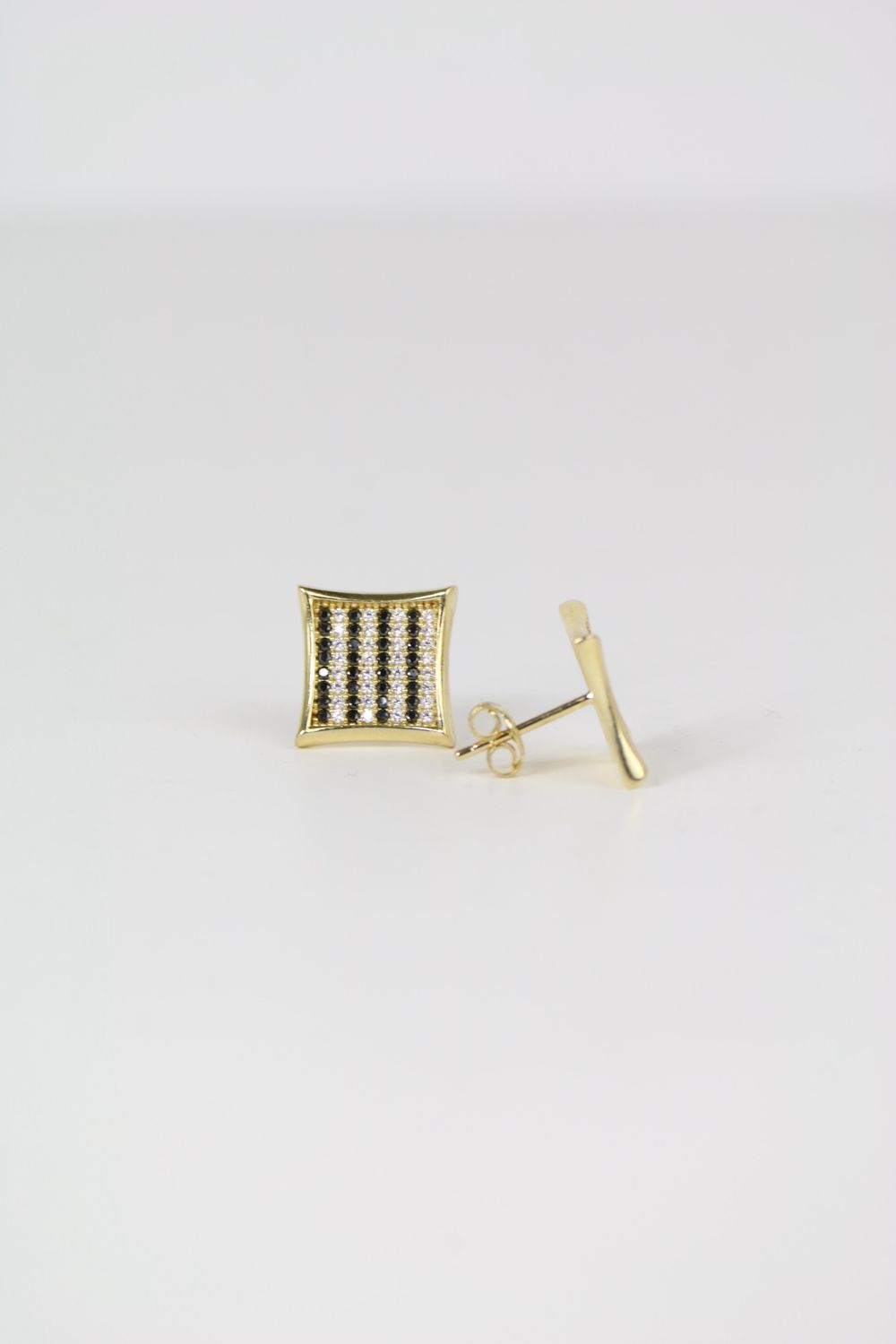 14K Gold Square Stud Earrings with Black & White Cubic Zirconia